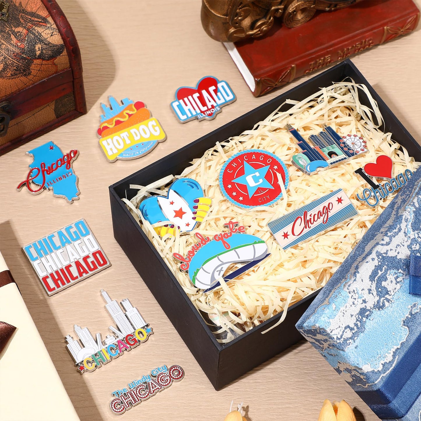 Konohan 12 Pcs Chicago Magnets for Refrigerator Metal USA Fridge Magnet Magnetic Chicago Souvenirs Gifts USA City Magnetic Refrigerator Stickers, Cloud Gate, Hot Dog