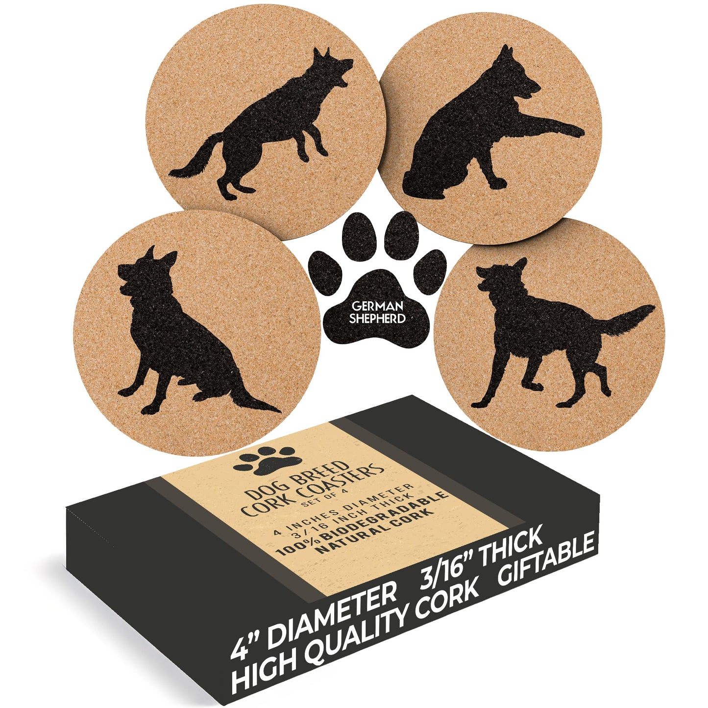 German Shepherd Lovers Cork Drink Coasters - Set of 4 With Protective Bottom | Dog Decor for Drinks | Great Gift Idea for Shepherd Moms & Dads