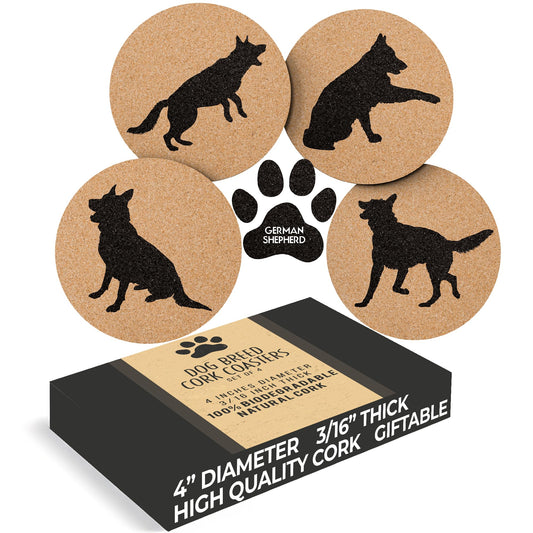 German Shepherd Lovers Cork Drink Coasters - Set of 4 With Protective Bottom | Dog Decor for Drinks | Great Gift Idea for Shepherd Moms & Dads
