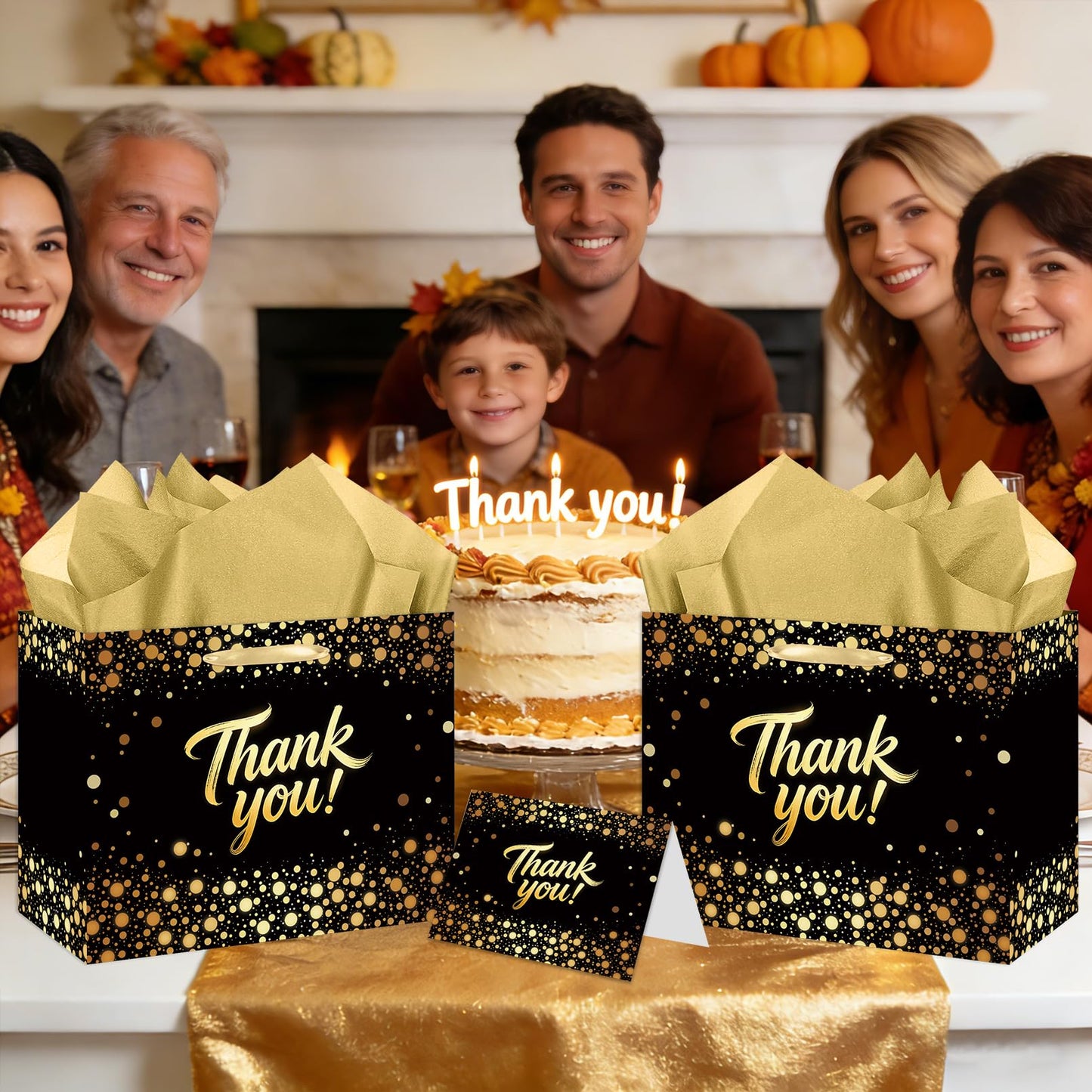 YXYASR Elegant Black Gold Thank You Gift Bag with Handles - Large Gift Bag Set Includes 3 Sheets of Gold Tissue Paper and Matching Greeting Card with Envelope - for Weddings, Graduations