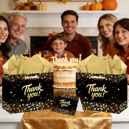 YXYASR Elegant Black Gold Thank You Gift Bag with Handles - Large Gift Bag Set Includes 3 Sheets of Gold Tissue Paper and Matching Greeting Card with Envelope - for Weddings, Graduations