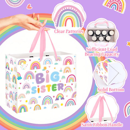 Big Sister Gift Bag for Girls, Cute Big Sister Gift Bag with Tissue Paper and Greeting Card Pink Wrapping Paper Cartoon Rainbow New Sister Party Decoration for Little Girl Birthday Party Supplies