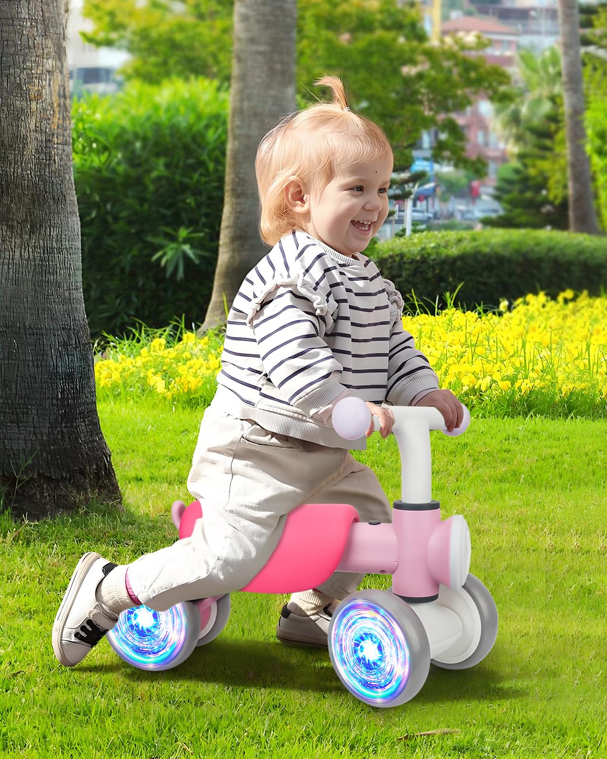 Doselie Toddler Outdoor Toys Balance Bike for 1 2 Year Old Girl Birthday Gifts,4 Wheels Colorful Lighting with Music Baby Balance Bike,Toddler Toys for 1st 2 Year Old
