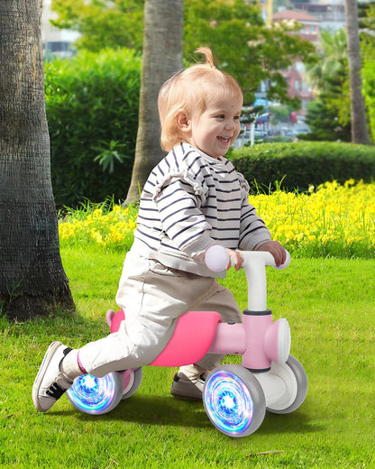 Doselie Toddler Outdoor Toys Balance Bike for 1 2 Year Old Girl Birthday Gifts,4 Wheels Colorful Lighting with Music Baby Balance Bike,Toddler Toys for 1st 2 Year Old
