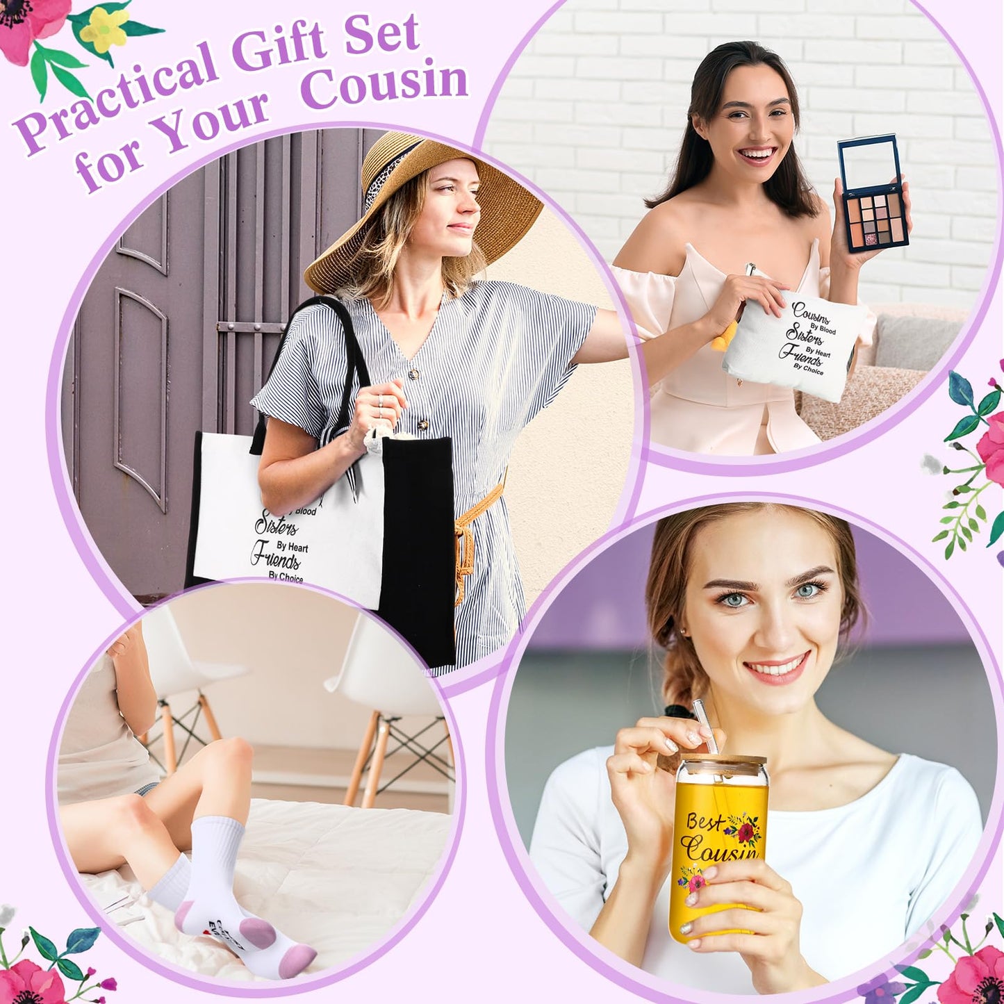 Pickmesh 7 Pack Cousin Gifts for Women, Thank You Best Cousin Ever Themed Gift for Birthday, Canvas Tote Bag, Makeup Bag, 16 oz Coffee Glass Cup, Socks, Stone Bracelet, Greeting Card and Box