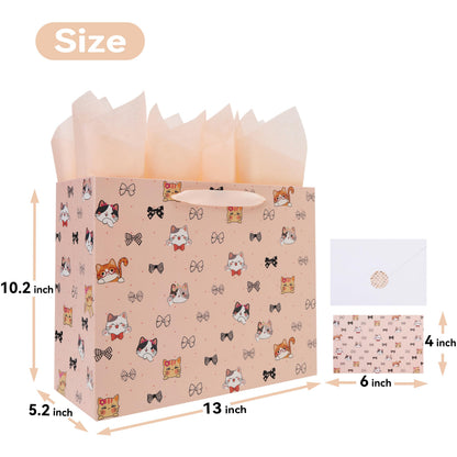 wishinside 13'' Large Cat & Bow Gift Bag Set with Handles, Greeting Card, Pink Tissue Papers and Stickers for Women Girls for Birthday, Wedding, Bridal Shower, Baby Shower, Cat Design, 1 Pcs