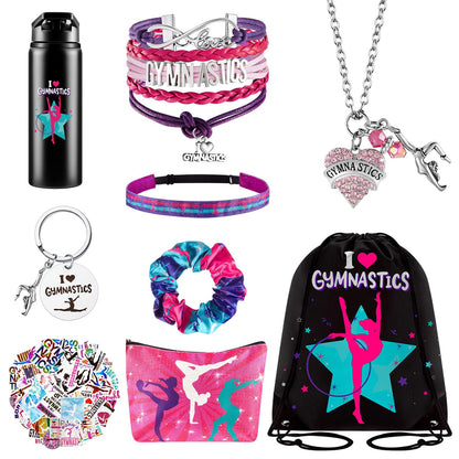 Kigeli Gymnastics Gifts for Girls Gymnastics Drawstring Bag Headband Bracelet Necklace Scrunchies Makeup Bag Vacuum Bottle Keychain 50 Pcs Waterproof Stickers Gymnast Party Favors