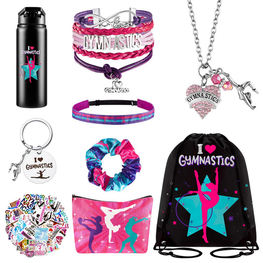 Kigeli Gymnastics Gifts for Girls Gymnastics Drawstring Bag Headband Bracelet Necklace Scrunchies Makeup Bag Vacuum Bottle Keychain 50 Pcs Waterproof Stickers Gymnast Party Favors