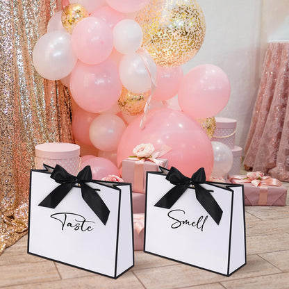 Sweetude 5 Pcs Senses Gift Bags for Him and Her 11.8 x 9.8x 3.9'' Elegant Thank You Paper Gift Bags with Handles and Bow Ribbon for Wedding Bridesmaid Groomsmen Gifts Birthday Baby Shower(White)