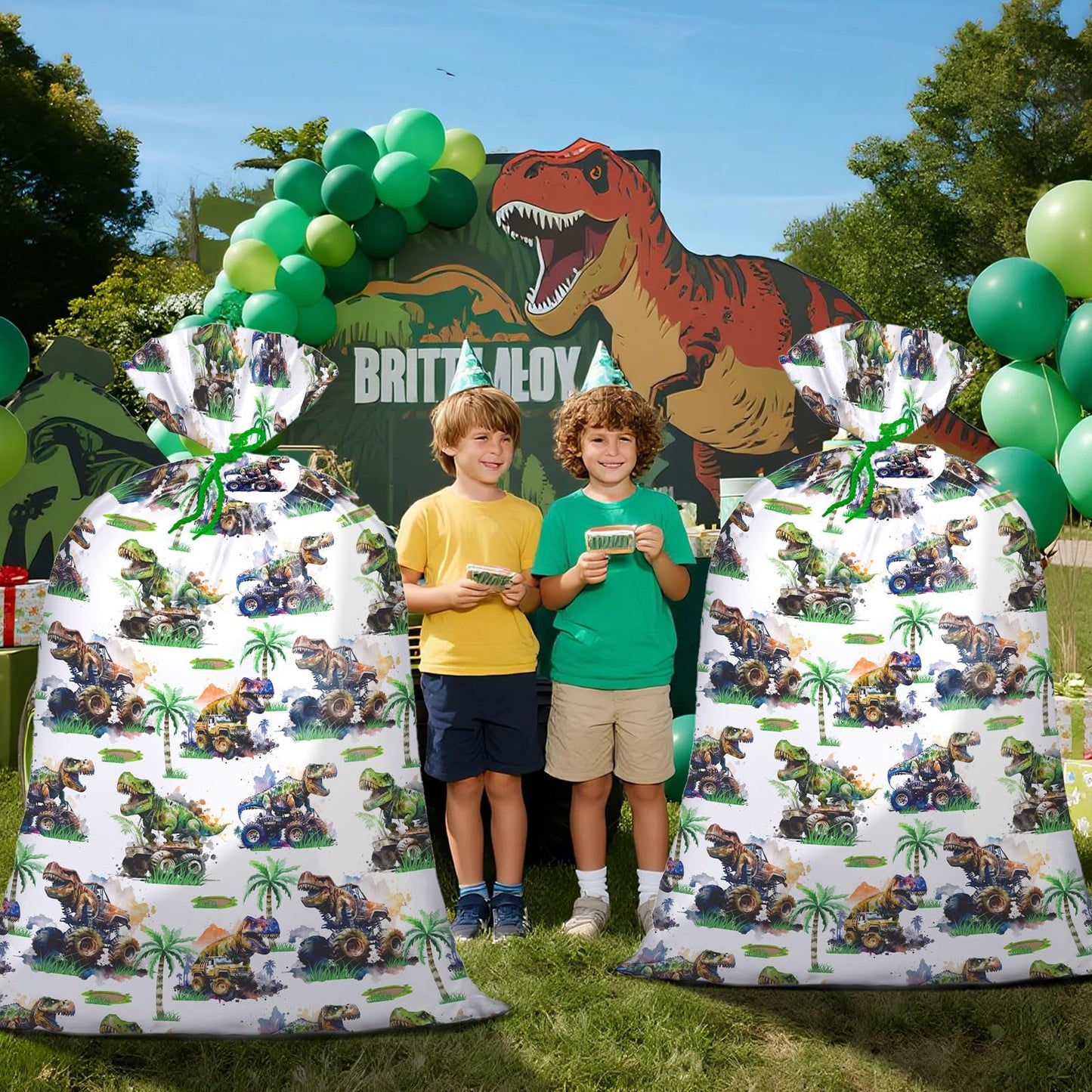Loveinside Jumbo Large Plastic Gift Bag, Dinosaur with Tropical Monster Truck Design Design Plastic Bag with Tag and Tie for Boys' Birthday Party Gifts and Celebration - 56" x 36", 1 Pcs