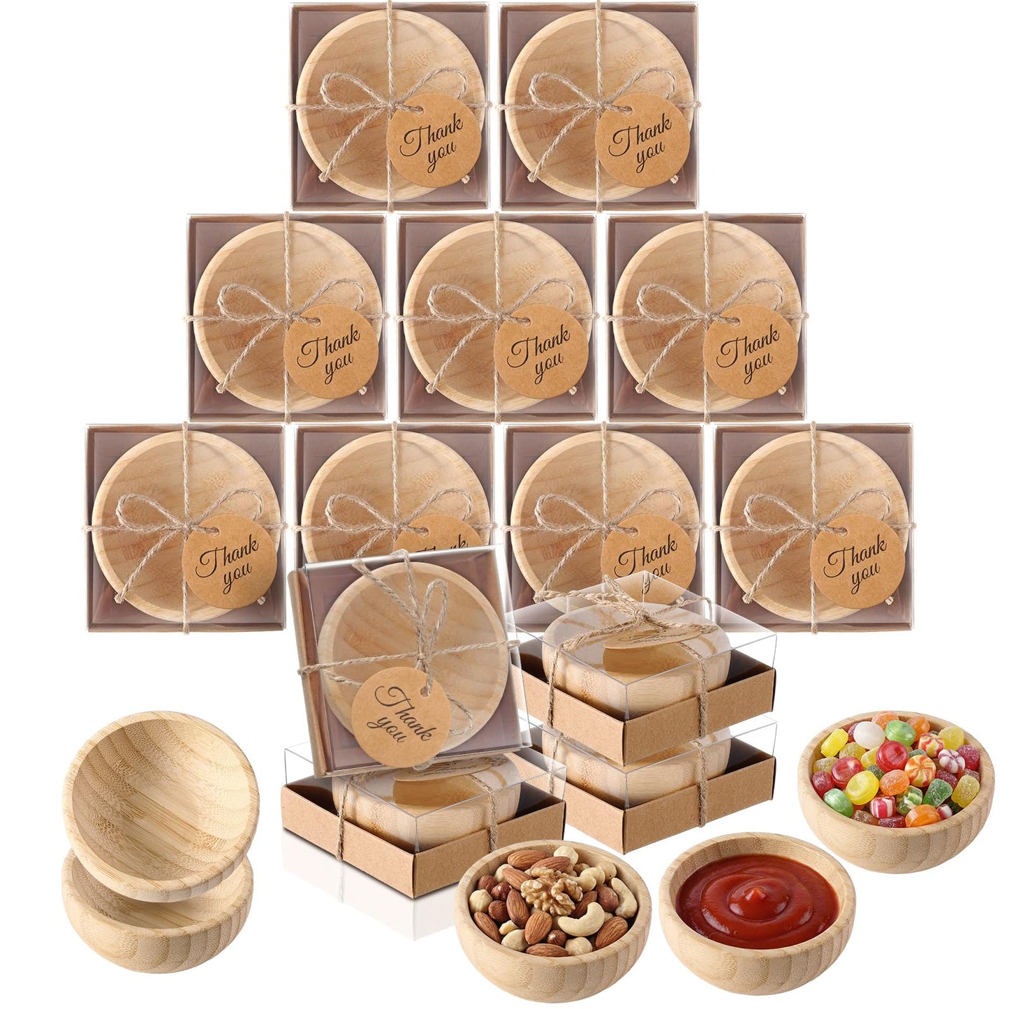 Honeydak 10 Sets Bamboo Small Wooden Bowls, Wedding Favors for Guests Bulk with Kraft Gift Box Thank You Card, Bridal Shower Souvenirs Bachelorette Baby Shower Birthday Party Return Gifts
