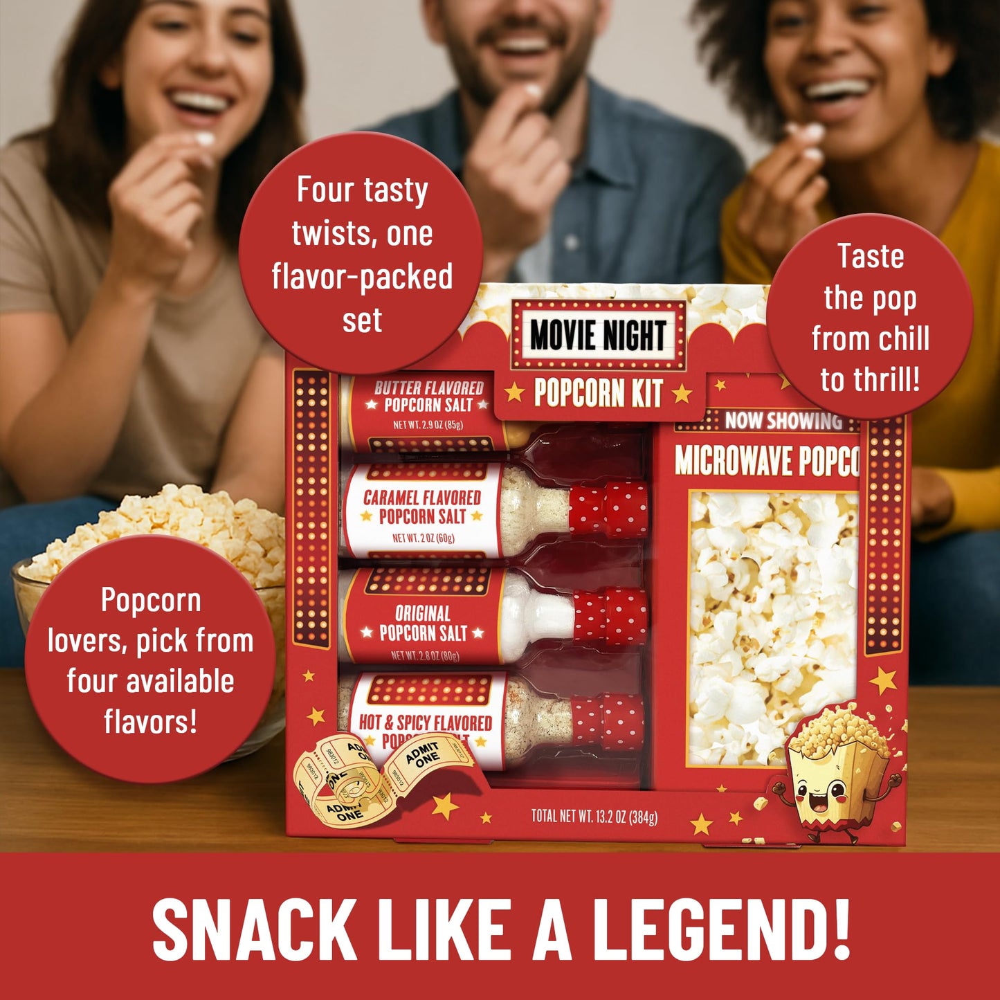 Movie Night Popcorn Kit with Popcorn Seasoning & movie night supplies, Fun Gift Basket for Families, House Warming Gifts New Home, or Birthday