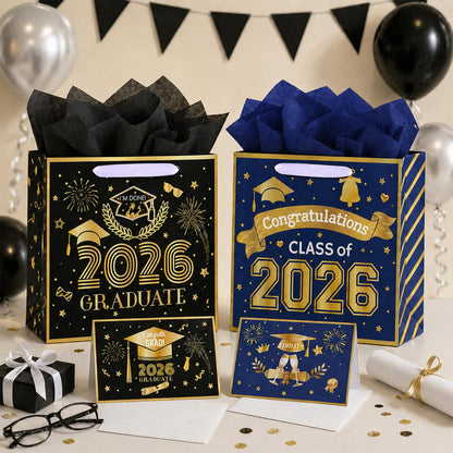 Konsait 13" Large Graduation Gift Bags, Blue Class of 2026 Graduation Bags with Tissue Paper and Greeting Card for Gift Wrapping, Celebrations, Parties & More