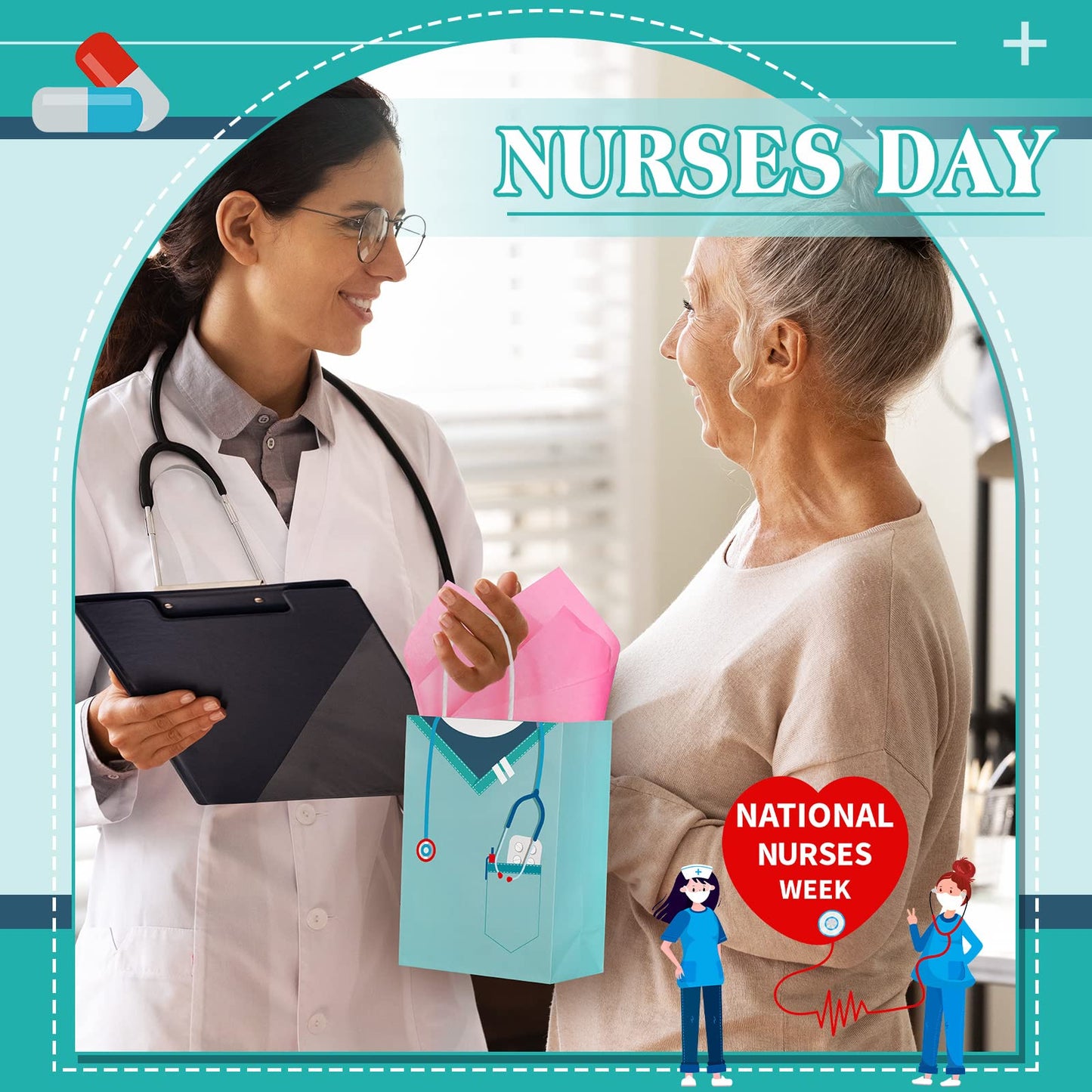 Censen 30 Pcs Nurse Gifts Bag Medical Assistant Gifts Bags Thank You Doctor Paper Goodie Bags with Handles for Healthcare Workers Back to School Party Nurse Appreciation Workers' Day Supplie (Fresh)