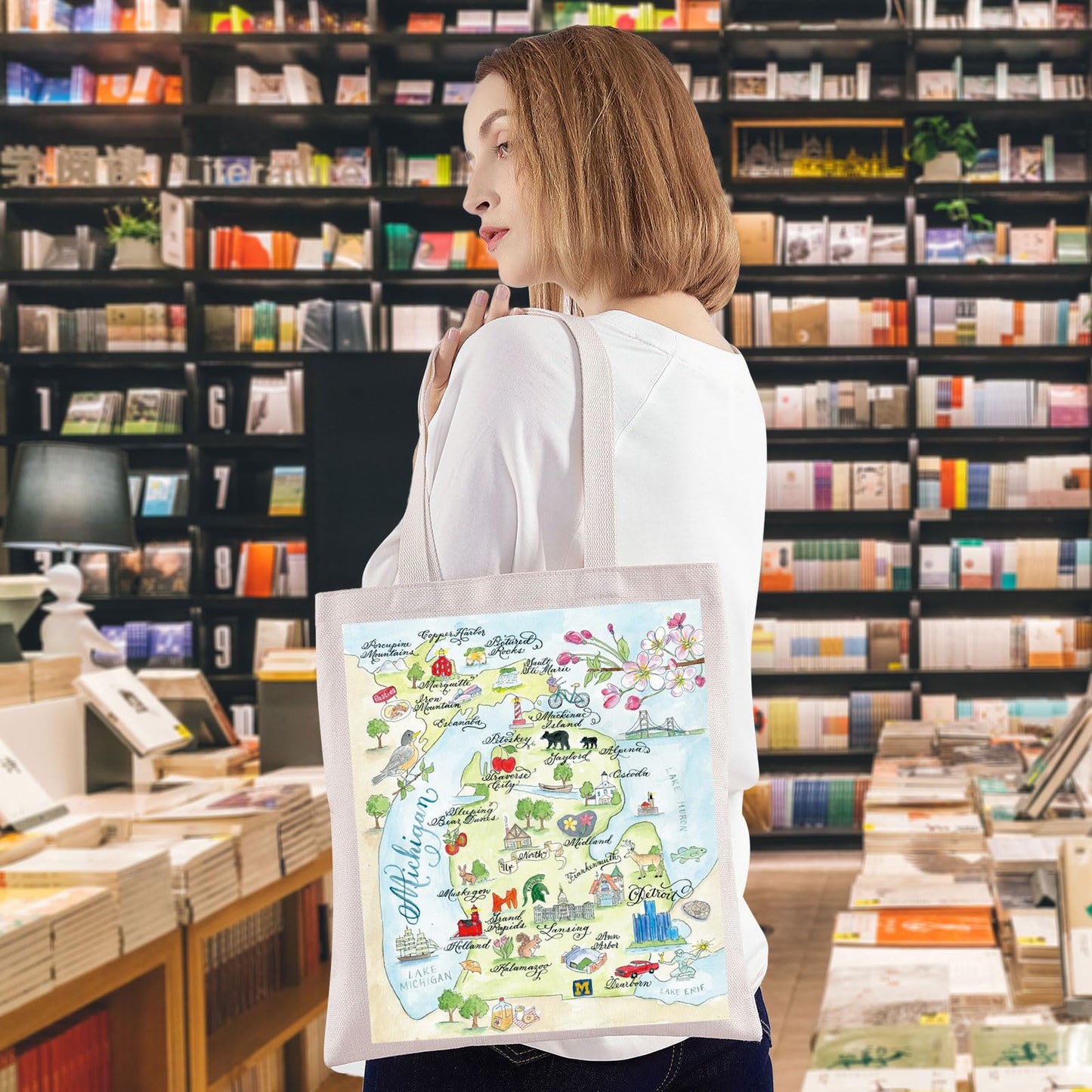 WZMPA Michigan State Map Tote Bag - Michigan Souvenir Gift, Vacation & Trip Shoulder Bag