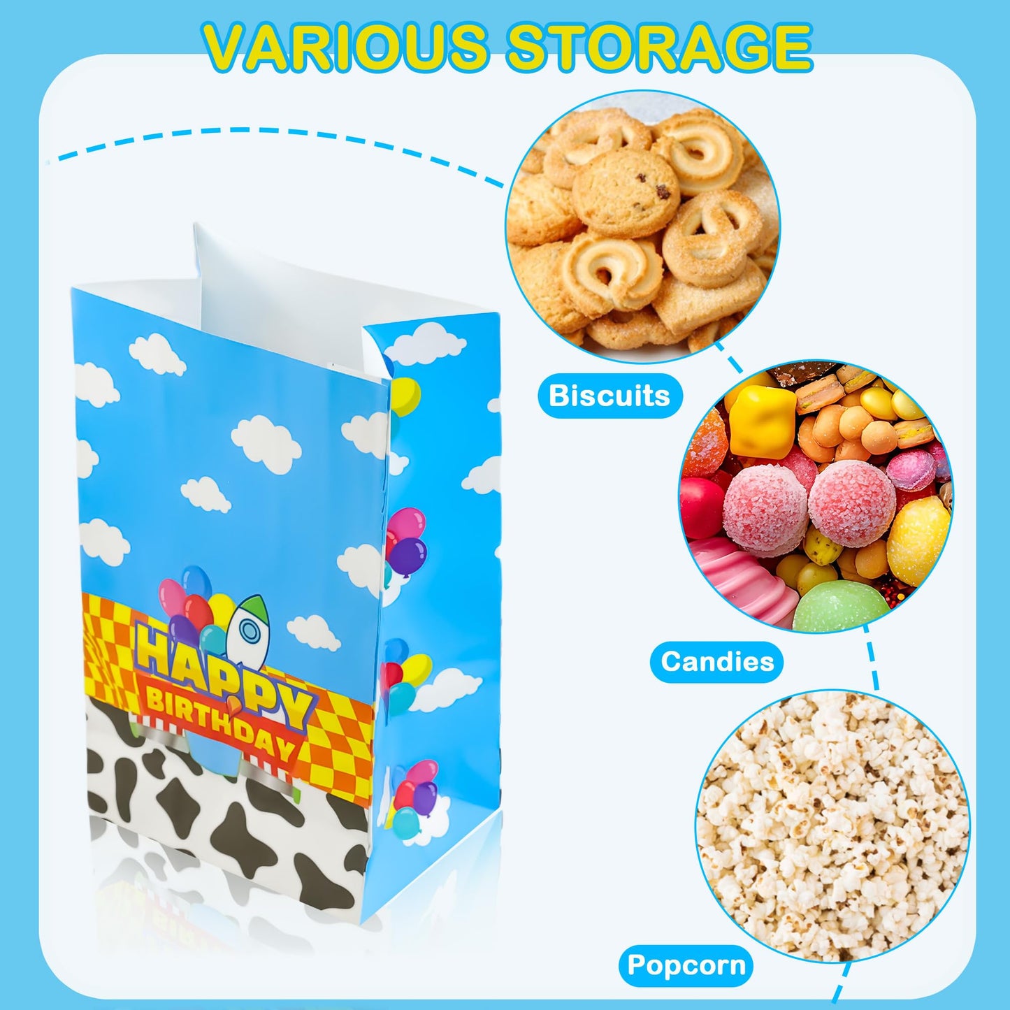CHENRINDECO 32Pcs Cartoon Story Theme Gift Paper Bags with Stickers, Blue Sky White Clouds Small Rocket Party Candy Bags, Suitable for Cartoon Party Supplies
