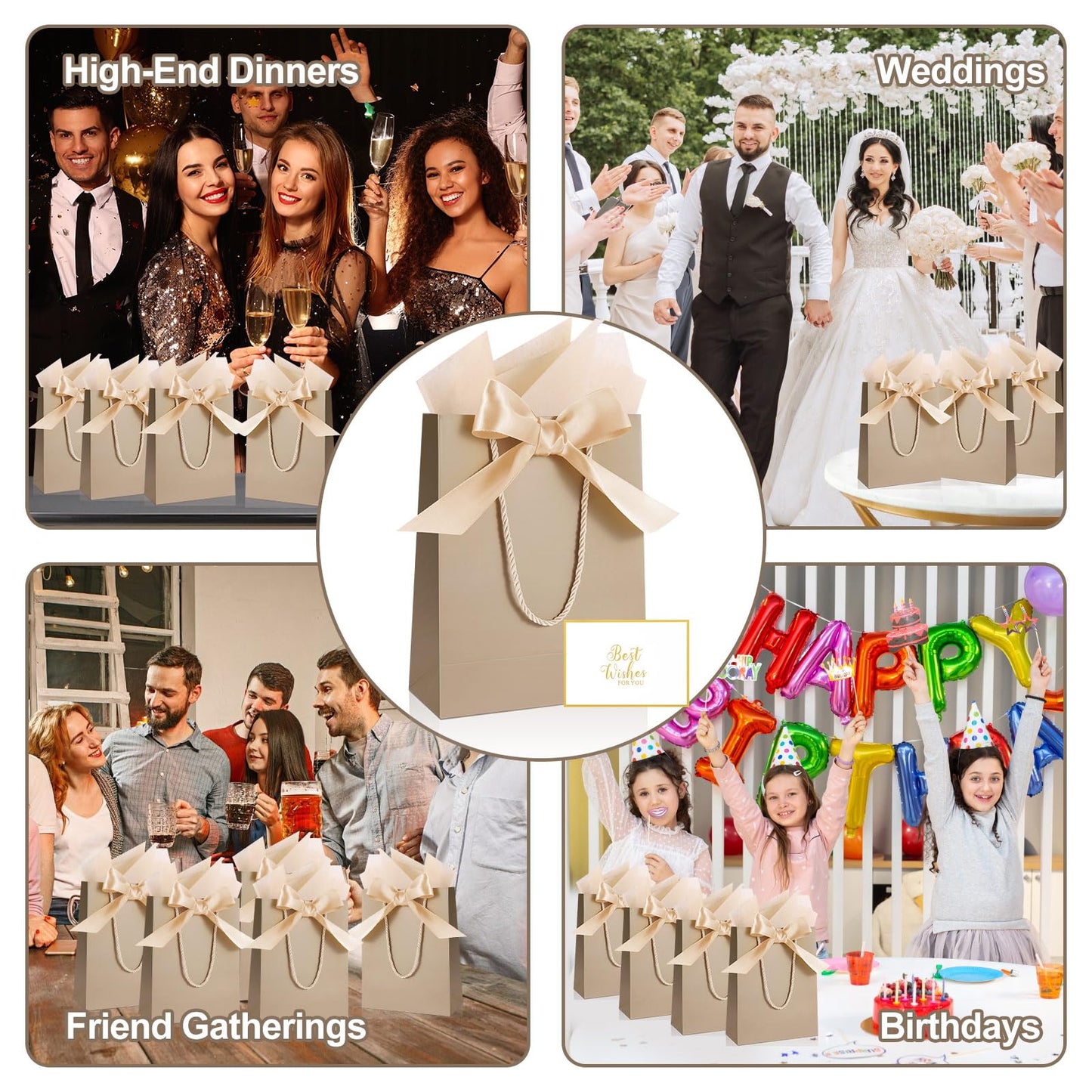 Ethhqu 12 Pack Small Gift Bags with Handles Include Tissue Papers & Cards, 9x7x3.15'' Thank You Gift Bags for Bridesmaids, Birthday, Baby Shower, Wedding, Anniversary, Mother’s Day (Champagne)