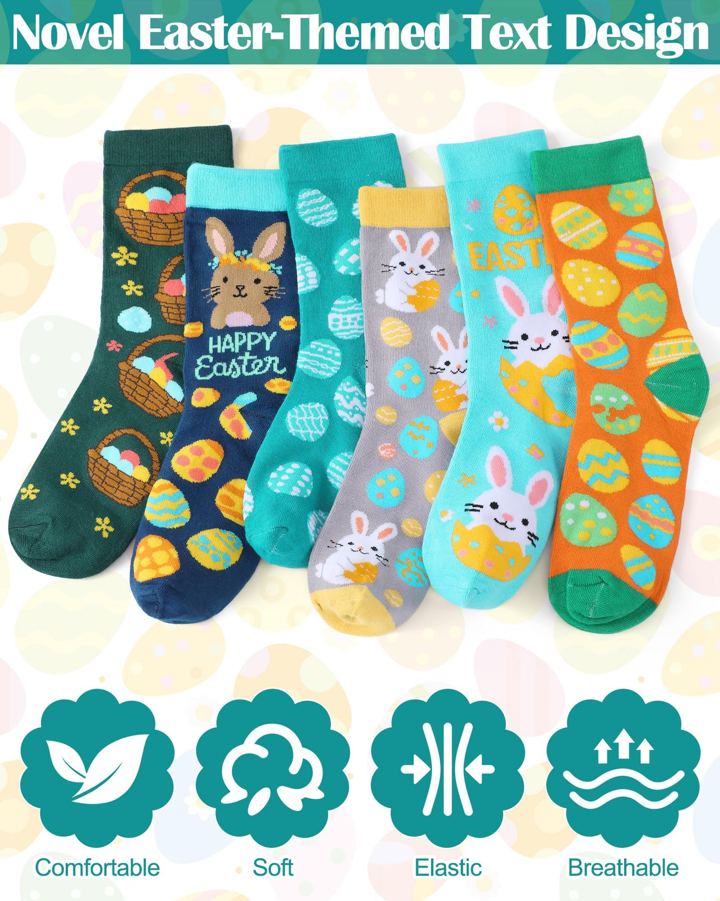 Eurzom 6 Pairs Funny Men's Easter Socks Bunny Eggs Pattern Crew Socks Spring Easter Basket Stuffers Gifts Size 7-12
