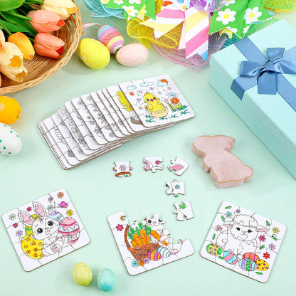 Realspring 24 Pack Color Your Own Jigsaw Puzzles for Kids Coloring Puzzles DIY Paper Jigsaw Bulk Party Favors Gifts Exchange Classroom Activities Home Educational Game Toy (Bunny)