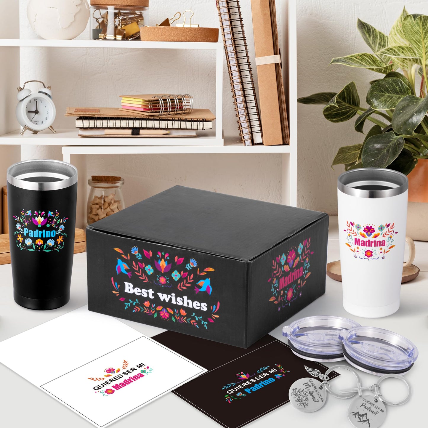 R HORSE Godparents Proposal Gift - Padrinos Madrina Proposal Gift 20oz Stainless Steel Insulated Tumbler Set with Keychain & Card, Christmas Baptism Birthday Gifts for Godmother Godfather In Spanish