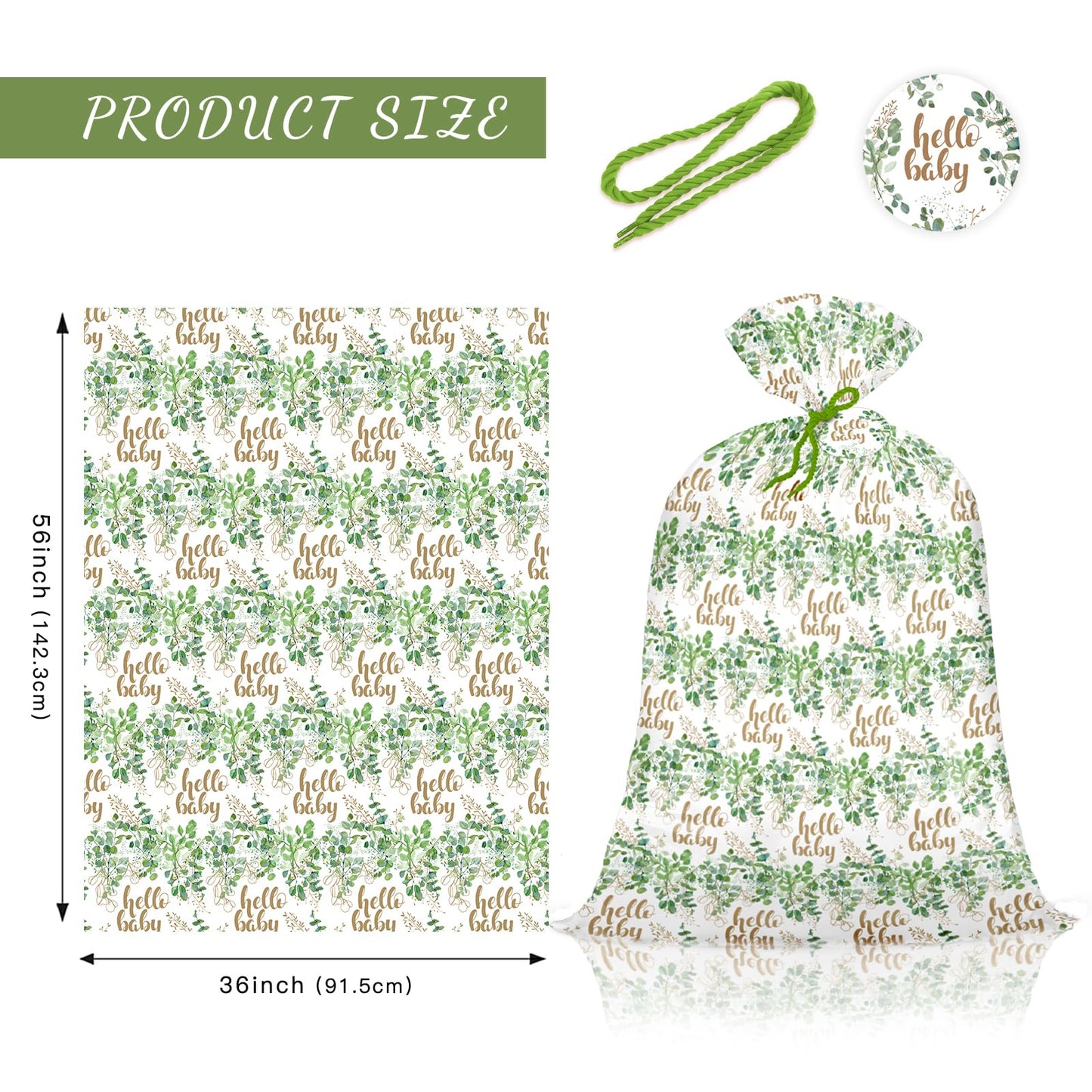 WRAPAHOLIC 56" Extra Large Neutral Baby Plastic Gift Bag - Eucalyptus Leaves Jumbo Bike Bag Gift Wrap for Baby Shower Favors Holiday - 56" H x 36" W