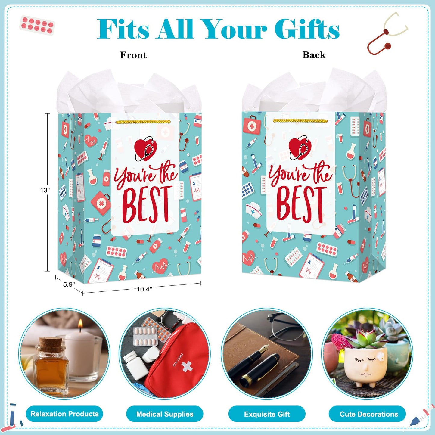 FaCraft Nurse Graduation Gifts Bag - 13" Large Nurse Gift Bags with Tissue Paper for Women Men New Nurses Nursing School Graduation Gift for Her Him Graduates New Nursing Student Medical School Party