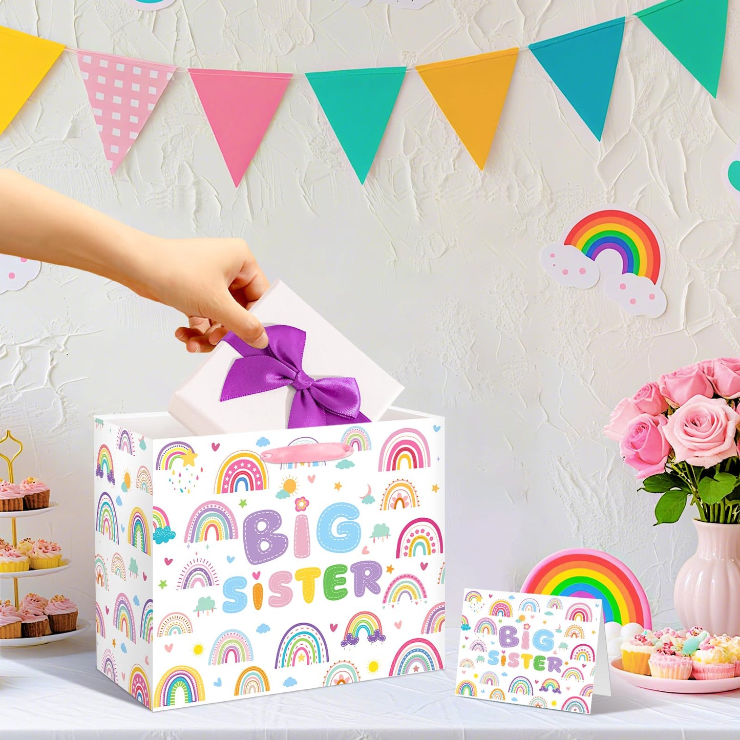 Big Sister Gift Bag for Girls, Cute Big Sister Gift Bag with Tissue Paper and Greeting Card Pink Wrapping Paper Cartoon Rainbow New Sister Party Decoration for Little Girl Birthday Party Supplies