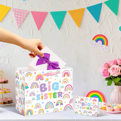 Big Sister Gift Bag for Girls, Cute Big Sister Gift Bag with Tissue Paper and Greeting Card Pink Wrapping Paper Cartoon Rainbow New Sister Party Decoration for Little Girl Birthday Party Supplies