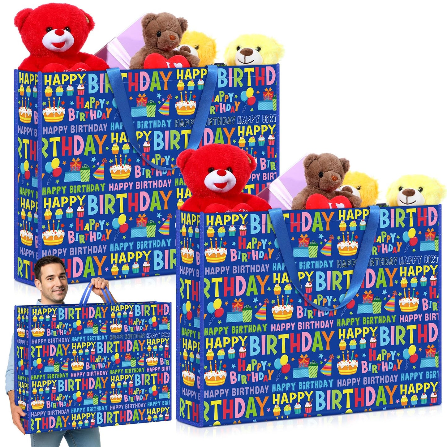 Pickmesh 2 Pcs Extra Large Birthday Bags 31.5x23.6x7.9 Inch Colorful Happy Birthday Gift Bag Oversize Non Woven Fabric Wrapping Pouch for Wedding Baby Shower Party Giant Present Wrap Supplies