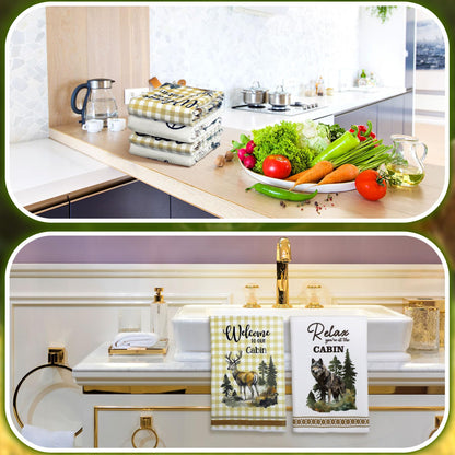 Buryeah 4 Pcs Cabin Kitchen Towels Set 23. 6 x 16 Inches Wildlife Deer Bear Dish Towels Log Rustic Cabin Decor Soft Absorbent Hand Tea Dishcloth for Home Kitchen Bathroom Farmhouse Campers