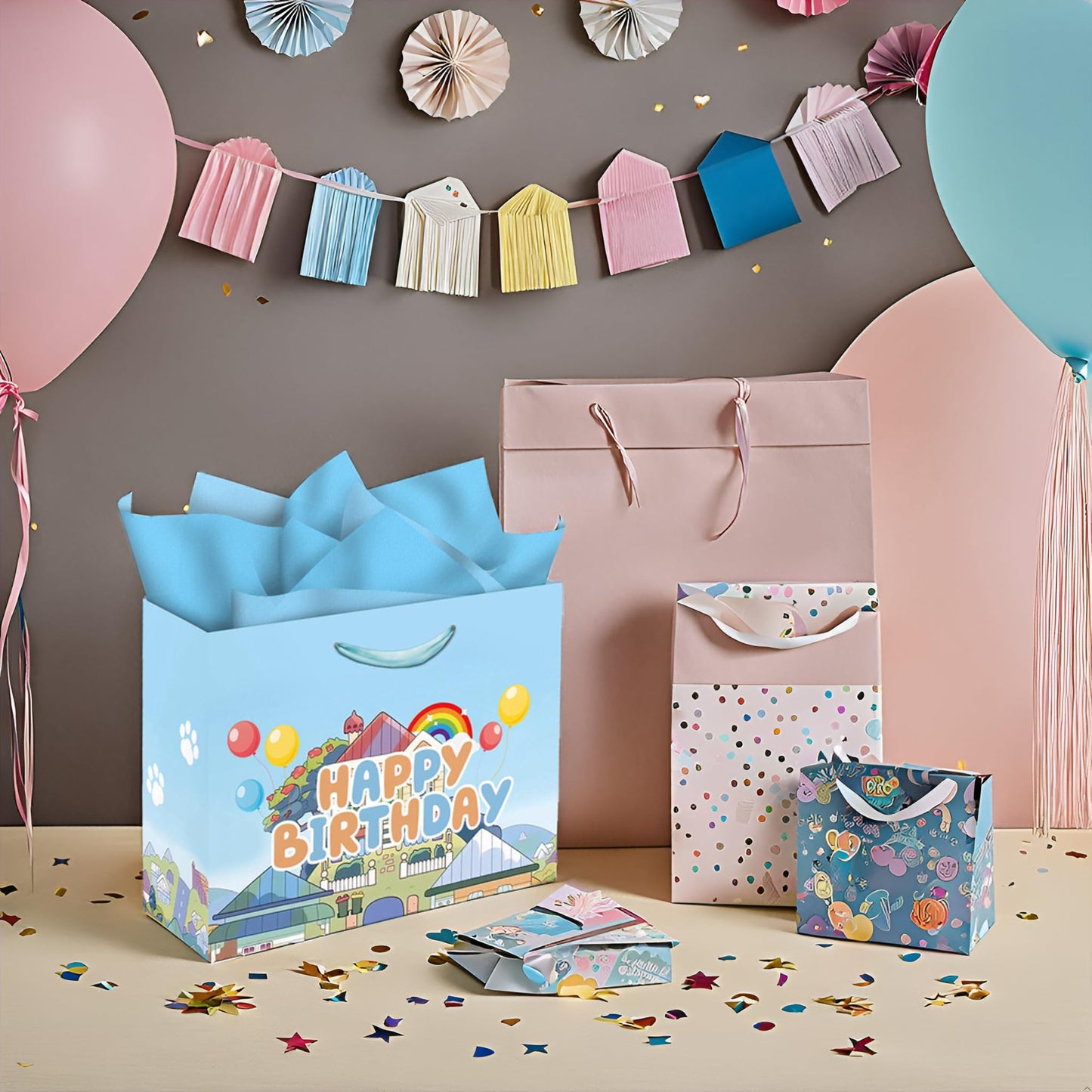13" Large Cartoon Blue Dog House Party Supplies Gift Bag Set with Greeting Card and Tissue Papers, Blue Dog Theme Happy Birthday Gift Bags for Party Celebration Birthday Decorations