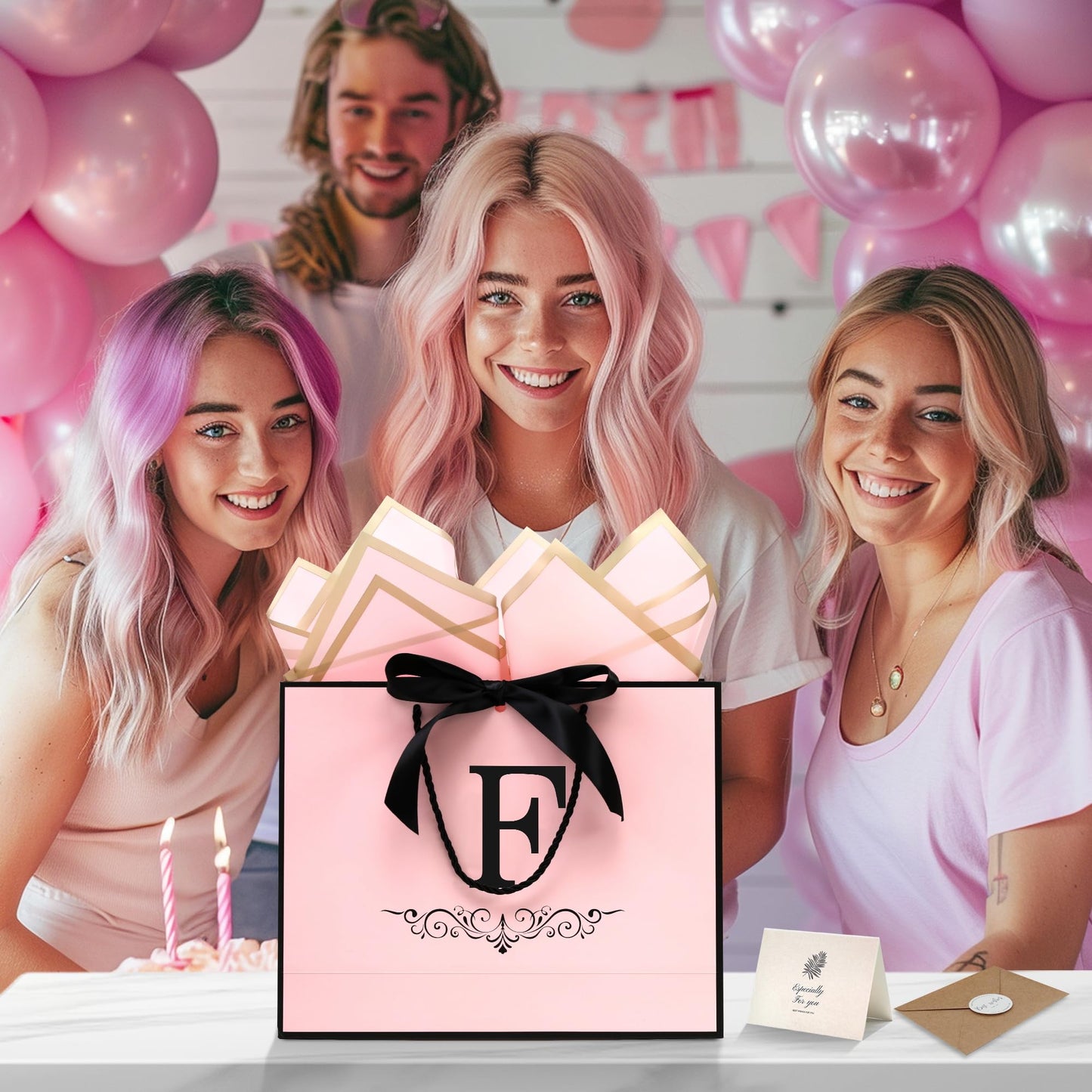 KeerXunBag personalized pink gift Bag with the first letter F- a letter combination paper bag set featuring bows, tissues, greeting cards and envelopes, suitable for ladies, girls' birthdays and weddings