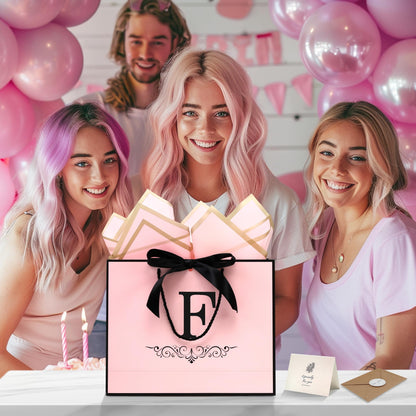 KeerXunBag personalized pink gift Bag with the first letter F- a letter combination paper bag set featuring bows, tissues, greeting cards and envelopes, suitable for ladies, girls' birthdays and weddings