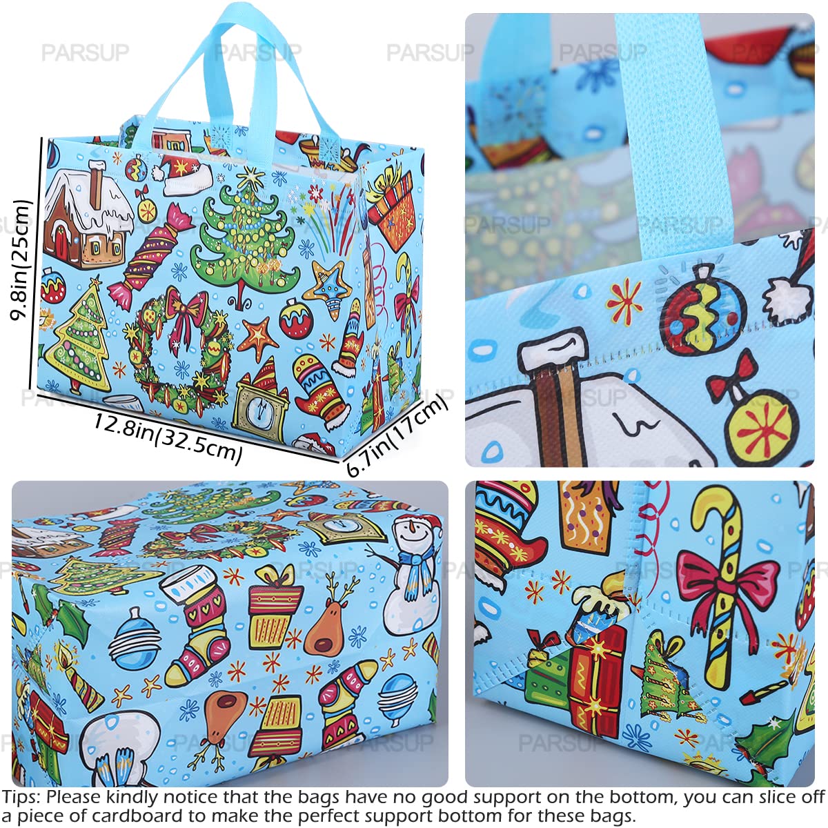 PARSUP 8PCS Christmas Gift Bags, Non-Woven Tote Treat Christmas Bags with Handles for Gifts Wrapping Shopping, Xmas Party Supplies, 12.8"×9.8"×6.7"