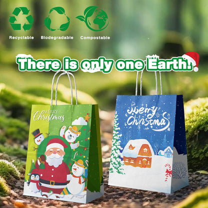 24 Pcs Kraft Gift Bags - Medium Christmas Paper Bags with Handles - Six Holiday Designs for Presents and Party Favors