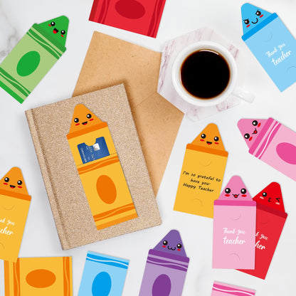 BWkoss Teacher Appreciation Gift Cards Holder- 24Pcs Crayon Theme Money Sleeves Thank You Cash Card Holders Ornaments for Teacher Appreciation Week End of Year Graduation Gifts
