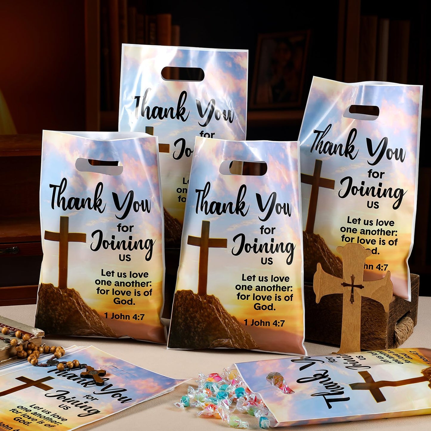 Panelee 50 Pcs Welcome to Our Church Bags Religious Plastic Brochure Church Gift Christian Cross Goody Treat Bags with Handles for Vbs Party Supplies Party Favor Decoration