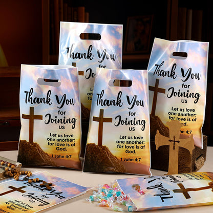 Panelee 50 Pcs Welcome to Our Church Bags Religious Plastic Brochure Church Gift Christian Cross Goody Treat Bags with Handles for Vbs Party Supplies Party Favor Decoration