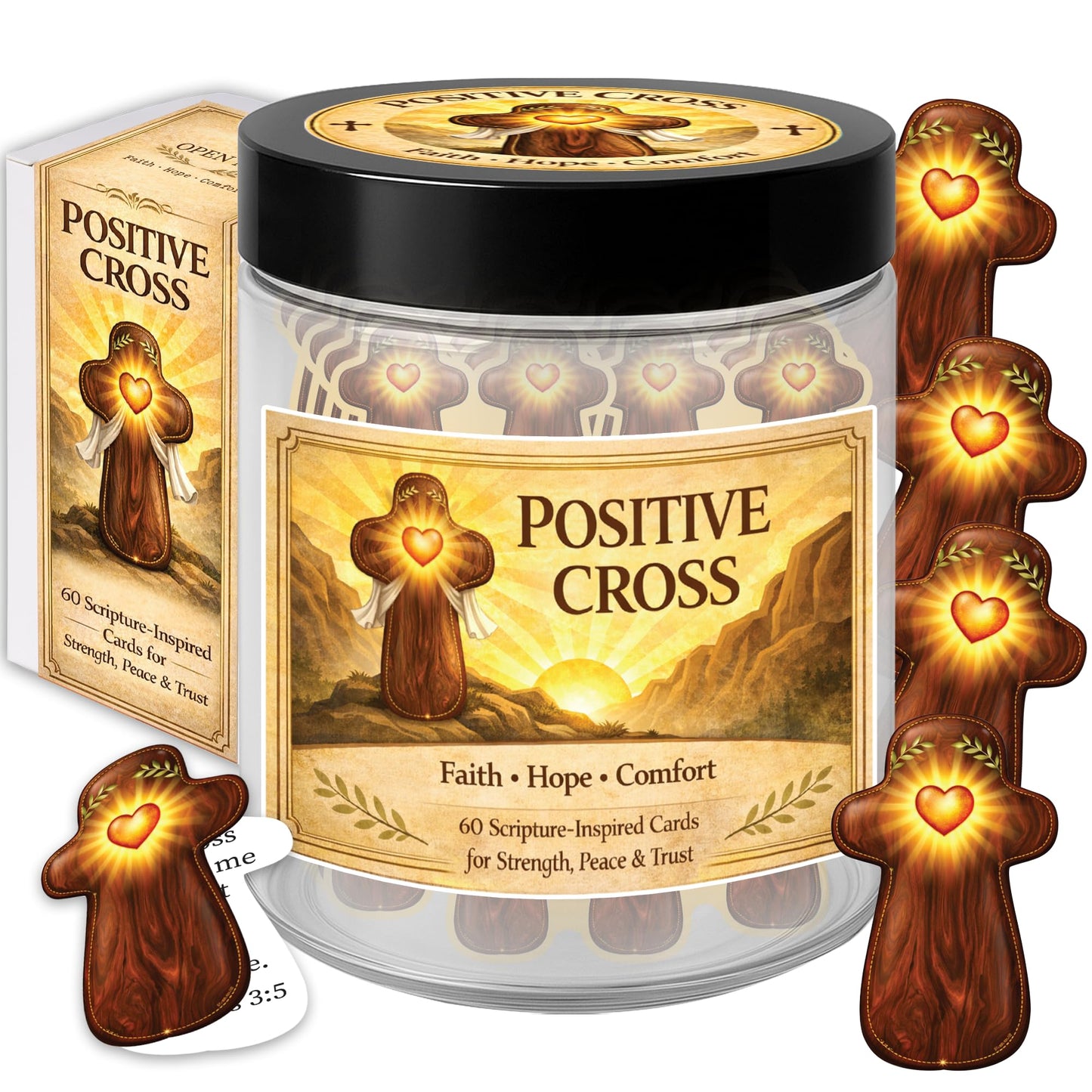Christian Gifts for Men & Dad, Positive Cross Jar with 60 Faith-Inspired Encouragement Cards, Religious Gifts for Men, Inspirational Comfort Gift for Family & Friends, Fathers Day Present
