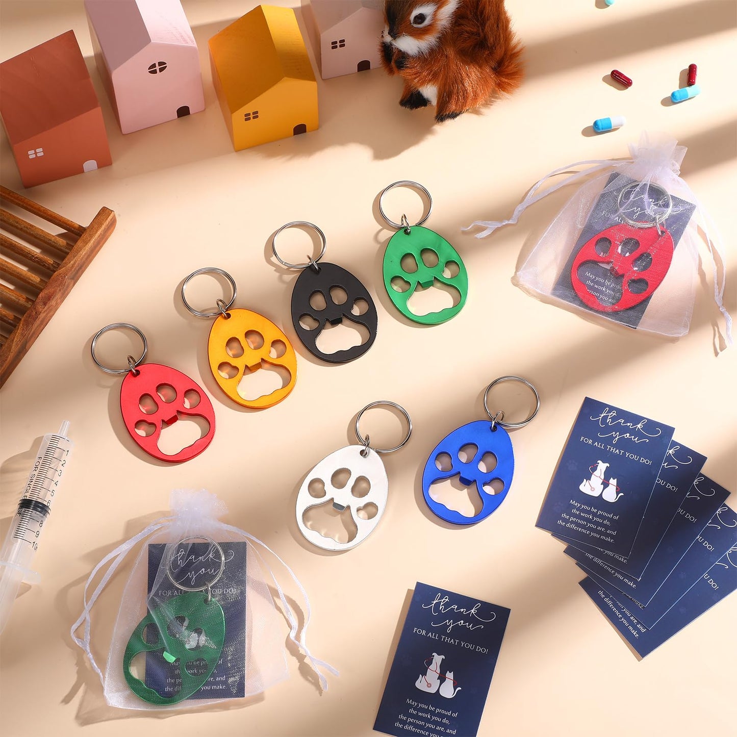 Reallnaive 12 Sets Veterinary Gifts Bulk Paw Print Bottle Opener Keychain Beer Opener Tool Thank You Gift for Women Veterinarian