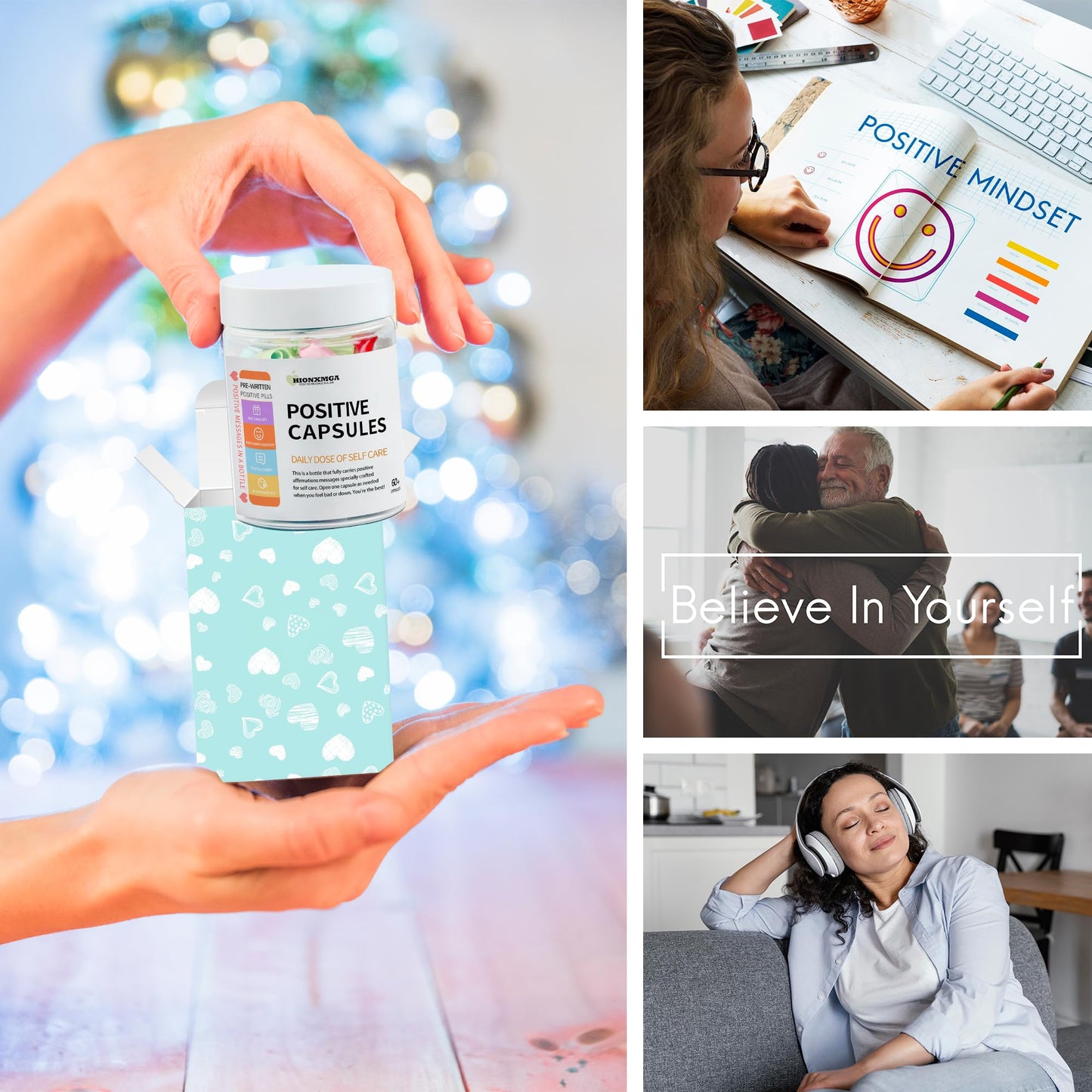 HIONXMGA Positive Messages in a Bottle (60+ Positive Affirmations), Self Care Gifts for Women Men, Daily Positivity Self Care Kit with Pre-Written Inspirational Messages for Relaxation Mindful Calm