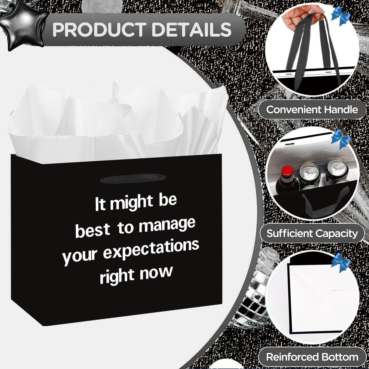SolarGlory Black Funny Gift Bag with Card and Tissue Paper - Sarcastic Manage Your Expectations Design - White Wrapping Paper - Perfect for Prankgifts, Officegifts, Birthday & Humor Enthusiasts