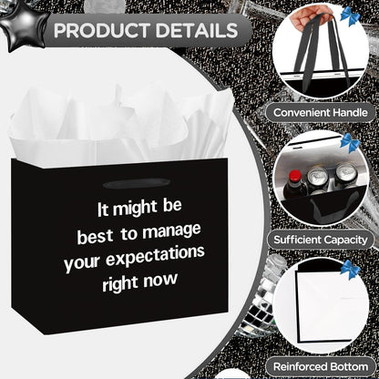 SolarGlory Black Funny Gift Bag with Card and Tissue Paper - Sarcastic Manage Your Expectations Design - White Wrapping Paper - Perfect for Prankgifts, Officegifts, Birthday & Humor Enthusiasts