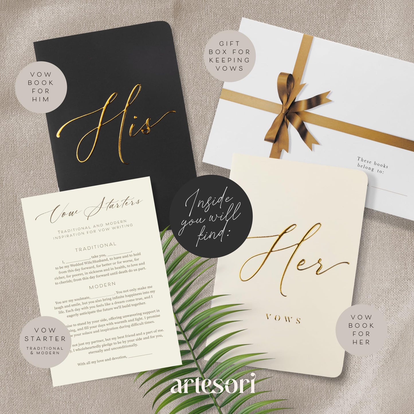 ARTESORI Premium Wedding Vow Book for Her & Him, Soft Touch, Gold Foil, 28 Lined Pages, Wedding Vow Books His and Hers, Wedding Essentials, Wedding Registry Ideas, His and Hers Gifts