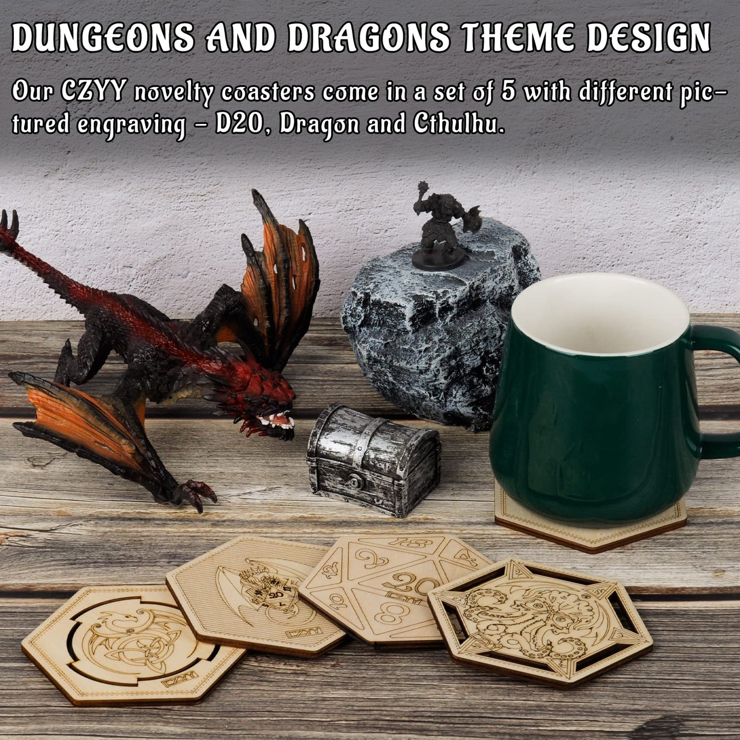 DND Decorative Wood Coasters Cool & Unique Table Mug Cup Mats Laser Engraved with Dragon, D20 and Cthulhu (Set of 5)