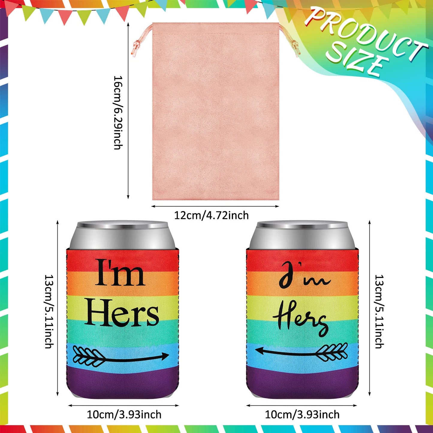 3 Pcs Lesbian Engagement Gift Lesbian Couple Wedding Present Idea Rainbow Neoprene Can Coolers Sleeves with Pink Velvet Bags for Gay LGBT Wedding Bachelorette Engagement Party Decorations