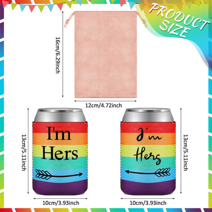 3 Pcs Lesbian Engagement Gift Lesbian Couple Wedding Present Idea Rainbow Neoprene Can Coolers Sleeves with Pink Velvet Bags for Gay LGBT Wedding Bachelorette Engagement Party Decorations