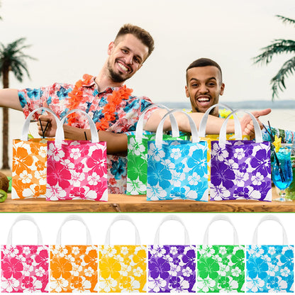 Teling 24 Pcs Hawaiian Party Favor Bags Hibiscus Tropical Tiki Luau Goodie Gift Bags with Handle for Kids Non Woven Summer Birthday Party Supplies