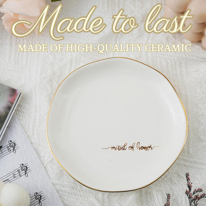 InnoBeta Bridesmaid Gifts for Women, Maid of Honor Gifts for Women Ceramic Jewelry Tray, Decorative Trinket Dish for Rings Earrings Necklaces for Women, 4.75", White Surface Gold