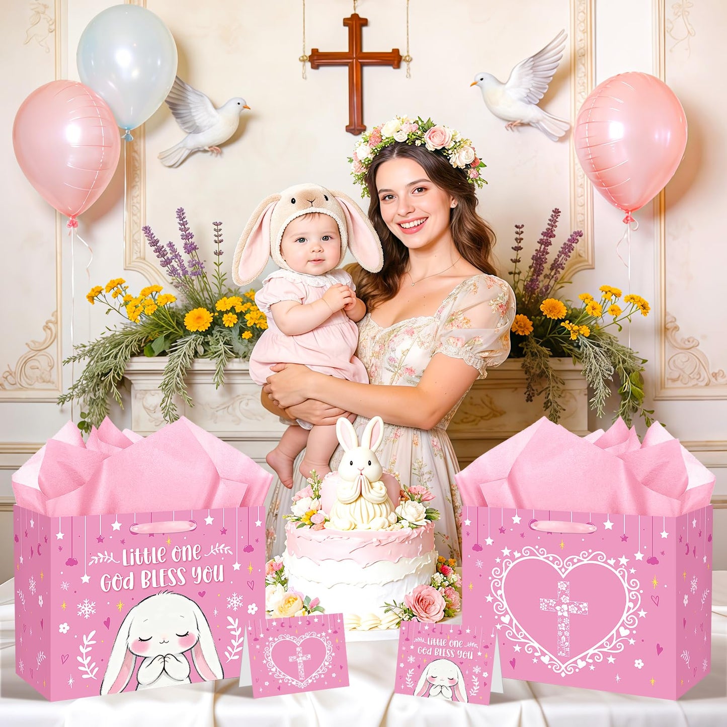 Large Baptism Gift Bags for Girls, Bunny Pray Pink Christening Gift Cross Gift Bag with Tissue Paper Card Little One God Bless You Religious First Holy Communion Wrapping Paper for Baby Girl Baptisms